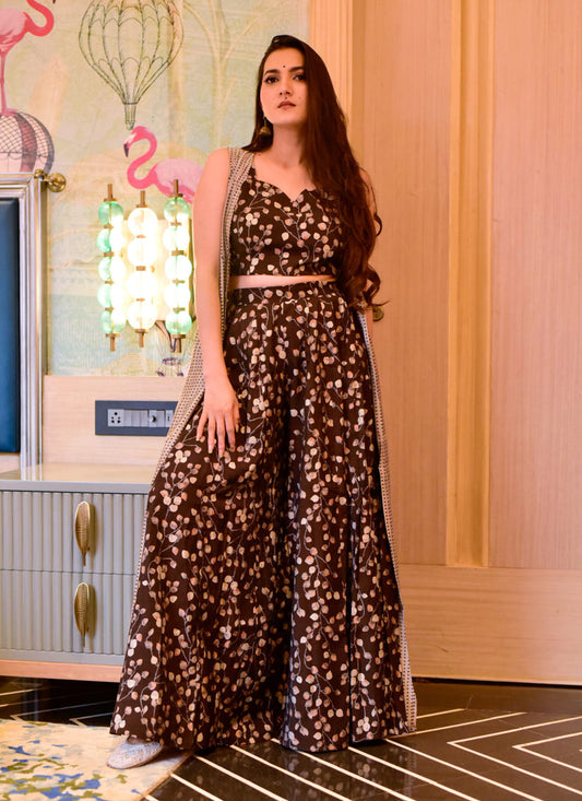 Chocolate Brown Muslin Printed Indo Western