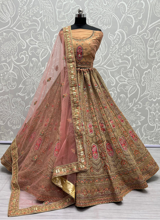 Apricot Net Embroidered Bridal Lehenga Choli