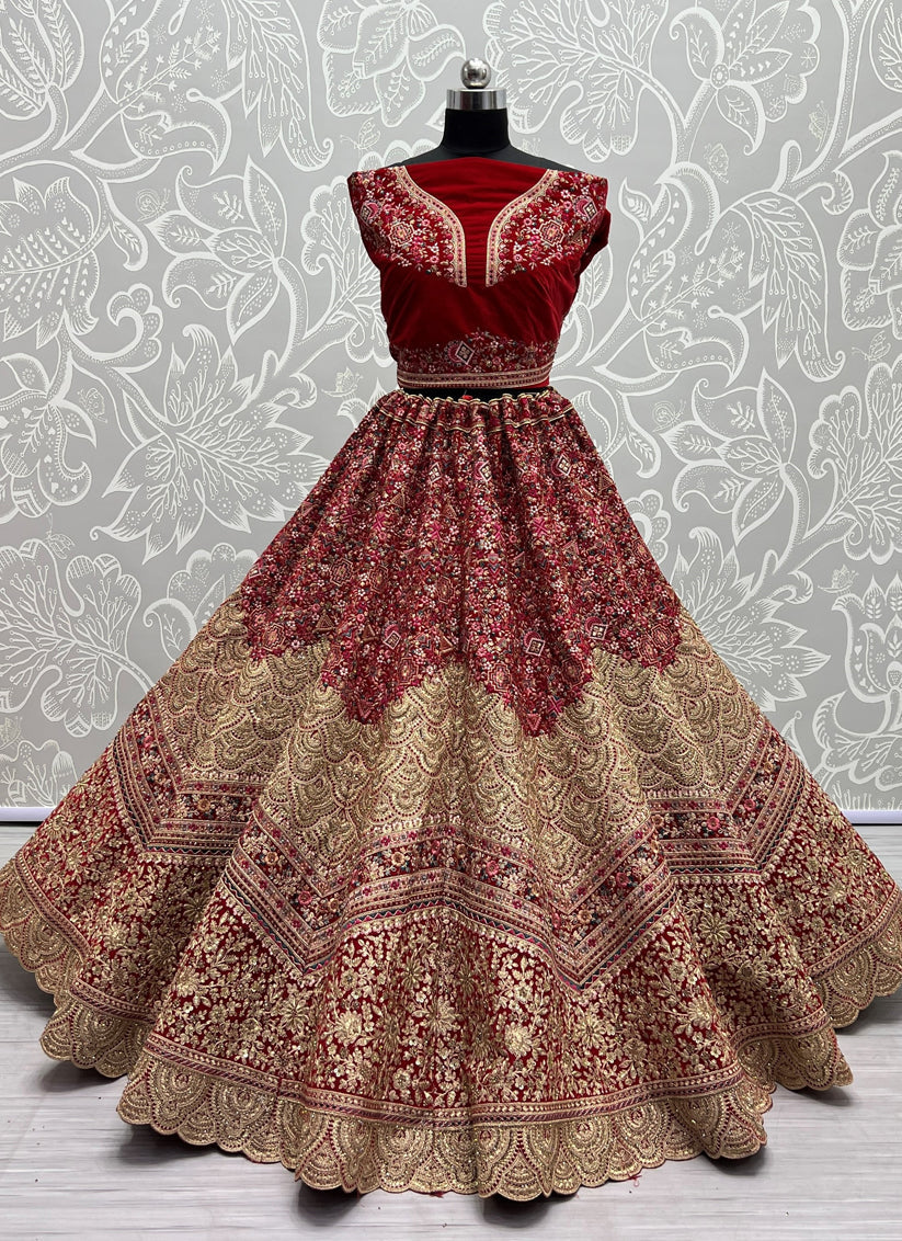Cherry Red Velvet Embroidered Bridal Lehenga Choli