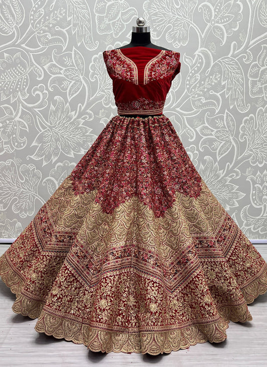 Cherry Red Velvet Embroidered Bridal Lehenga Choli
