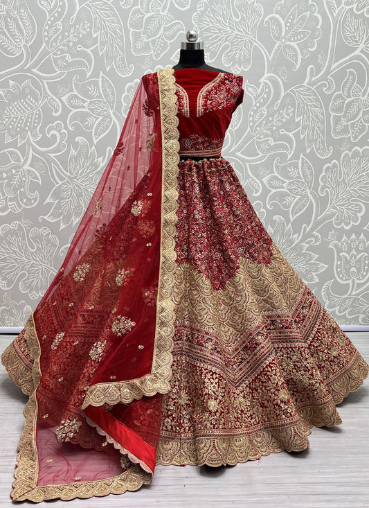 Cherry Red Velvet Embroidered Bridal Lehenga Choli