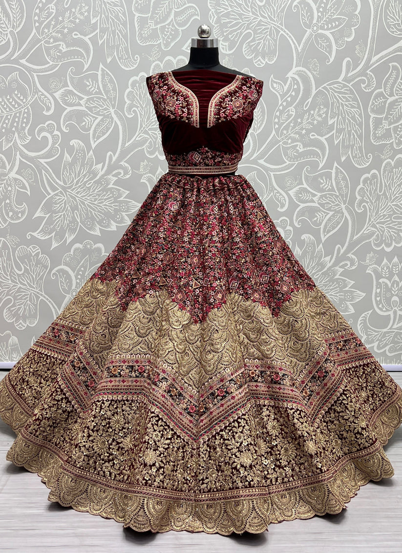 Maroon Velvet Embroidered Bridal Lehenga Choli