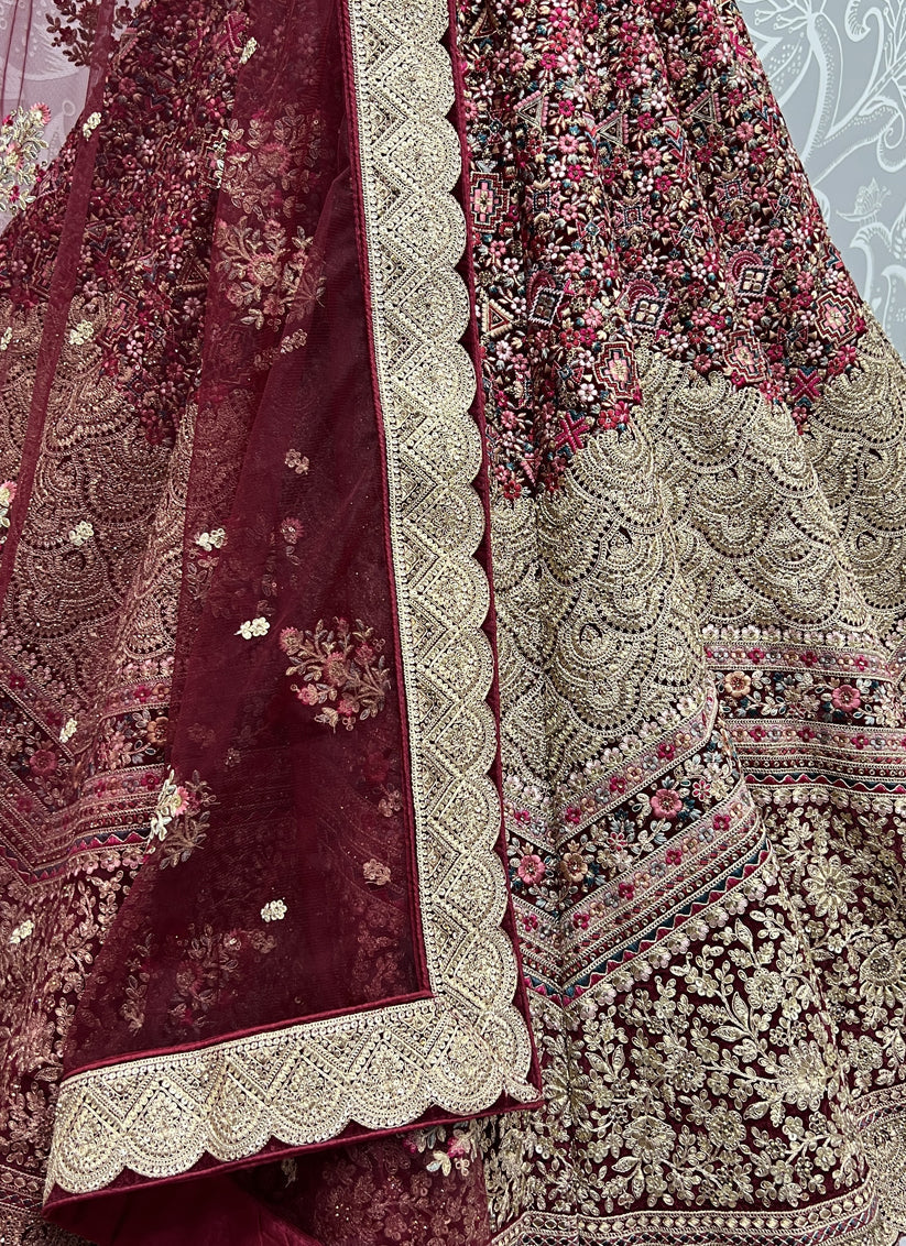 Maroon Velvet Embroidered Bridal Lehenga Choli
