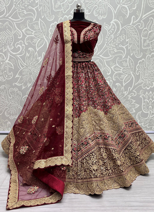 Maroon Velvet Embroidered Bridal Lehenga Choli