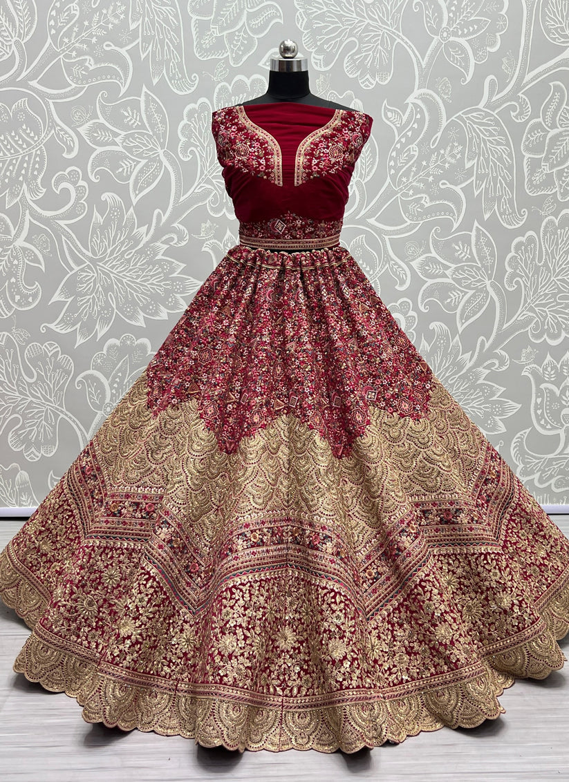 Raspberry Pink Velvet Embroidered Bridal Lehenga Choli
