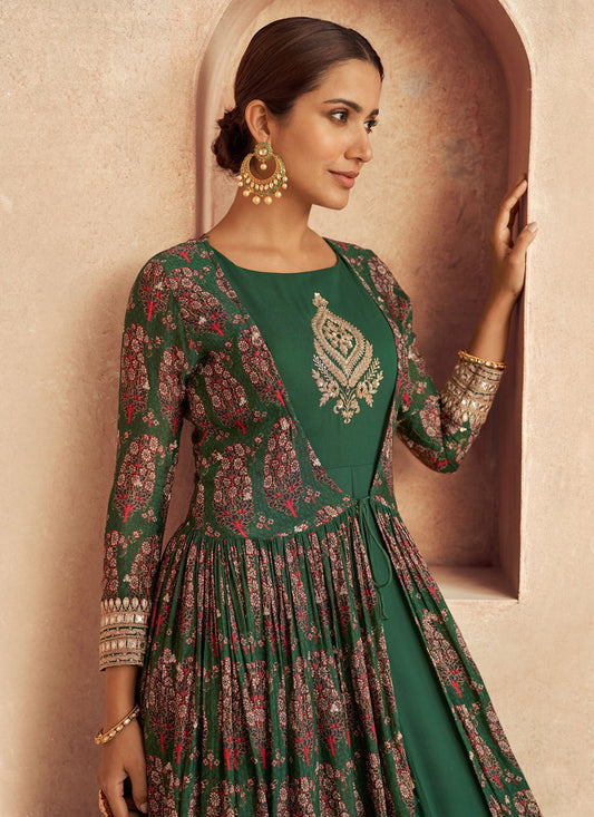 Green Chinon Embroidered Anarkali Suit