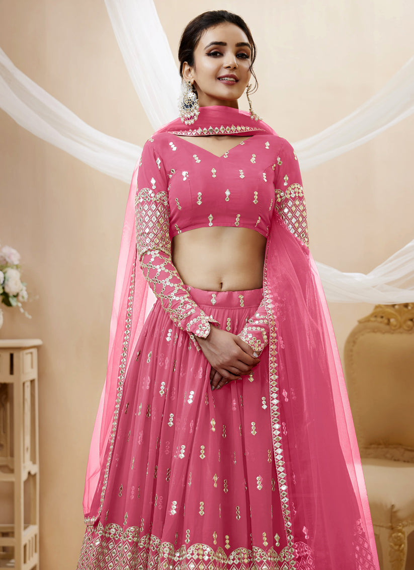 Cherry Pink Georgette Embroidered Lehenga Choli
