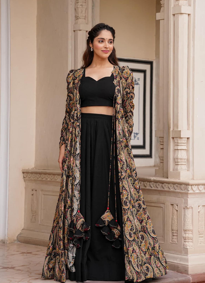 Black Faux Georgette Printed Indowestern