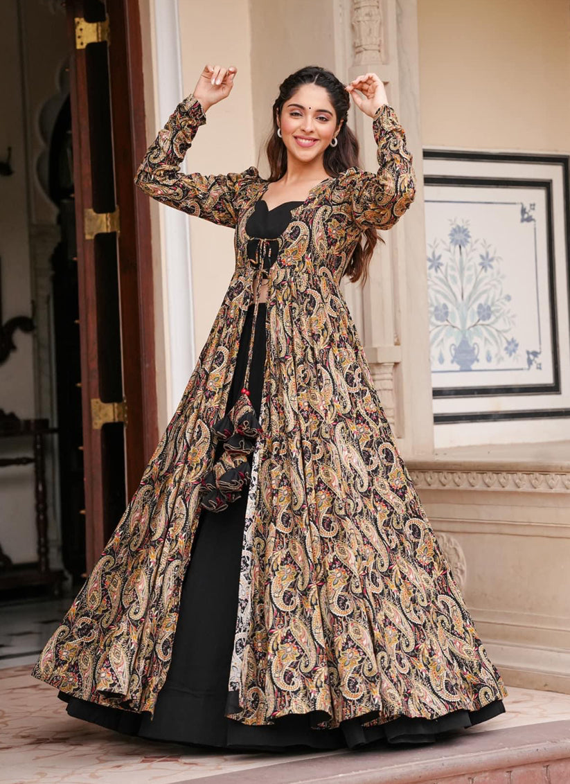 Black Faux Georgette Printed Indowestern