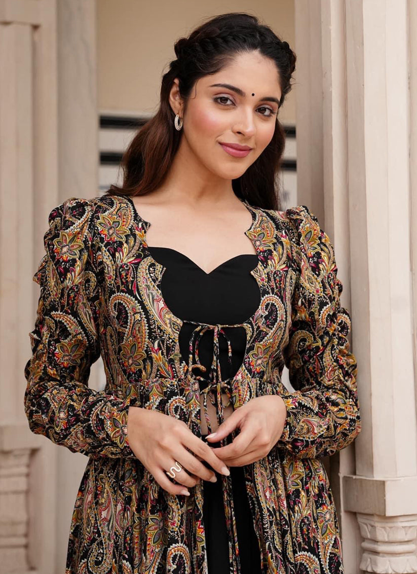 Black Faux Georgette Printed Indowestern