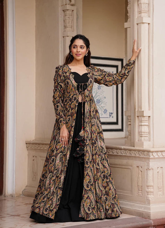 Black Faux Georgette Printed Indowestern