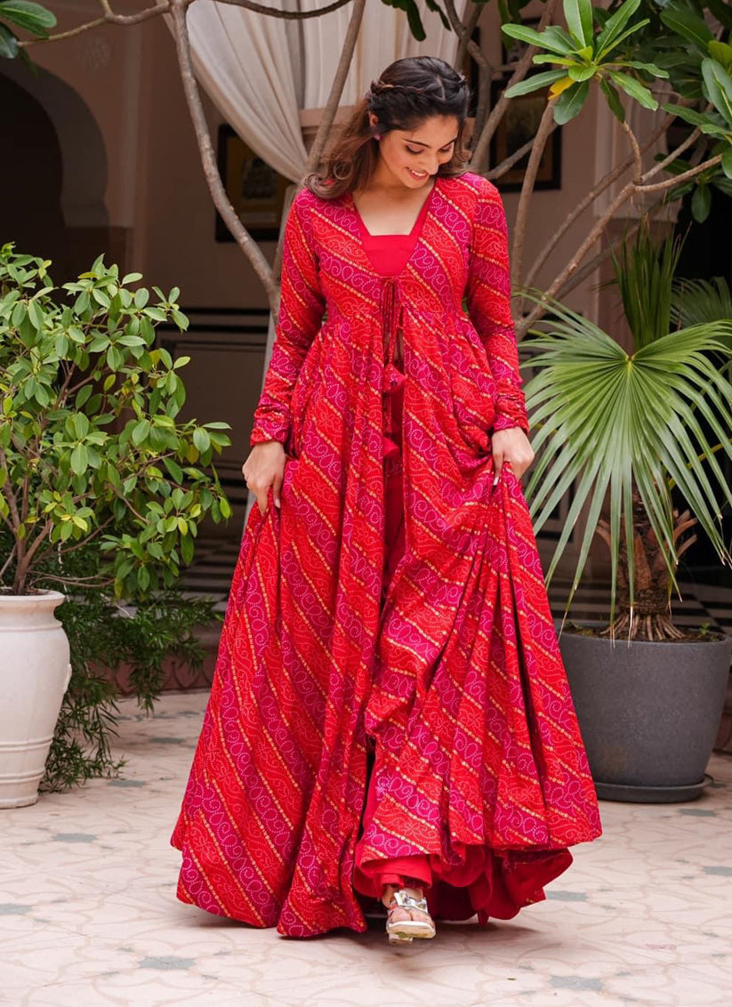 Hot Pink Faux Georgette Printed Indowestern