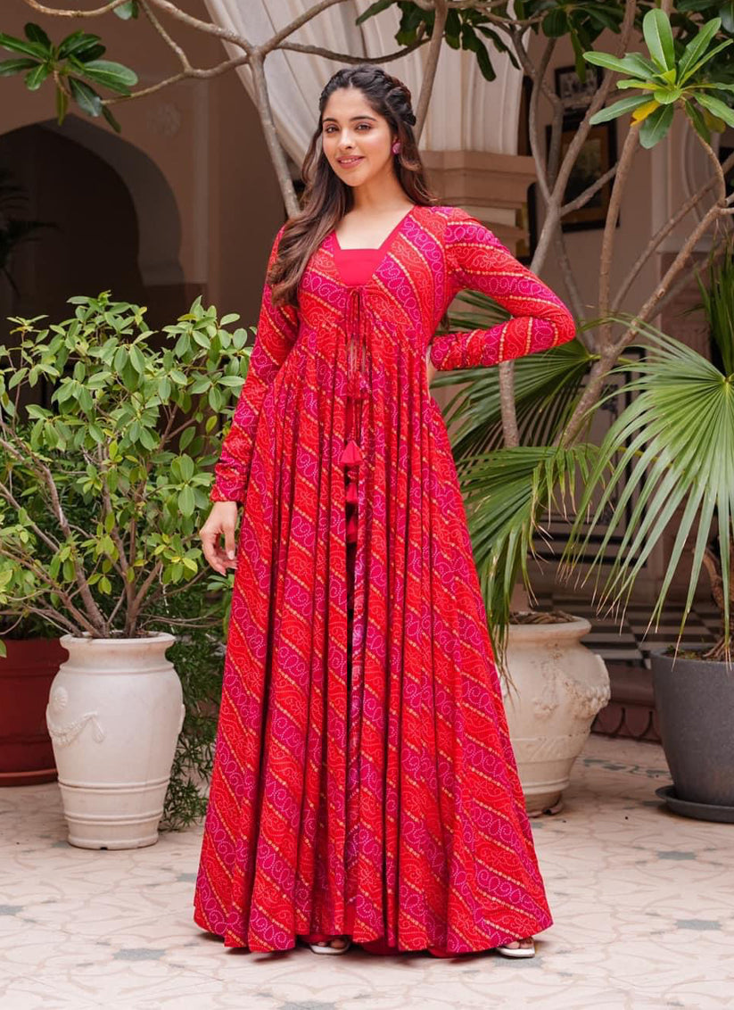 Hot Pink Faux Georgette Printed Indowestern