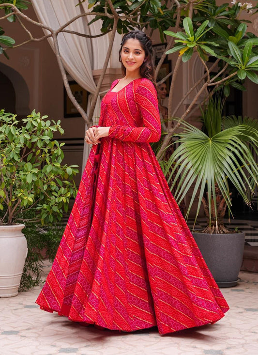 Hot Pink Faux Georgette Printed Indowestern