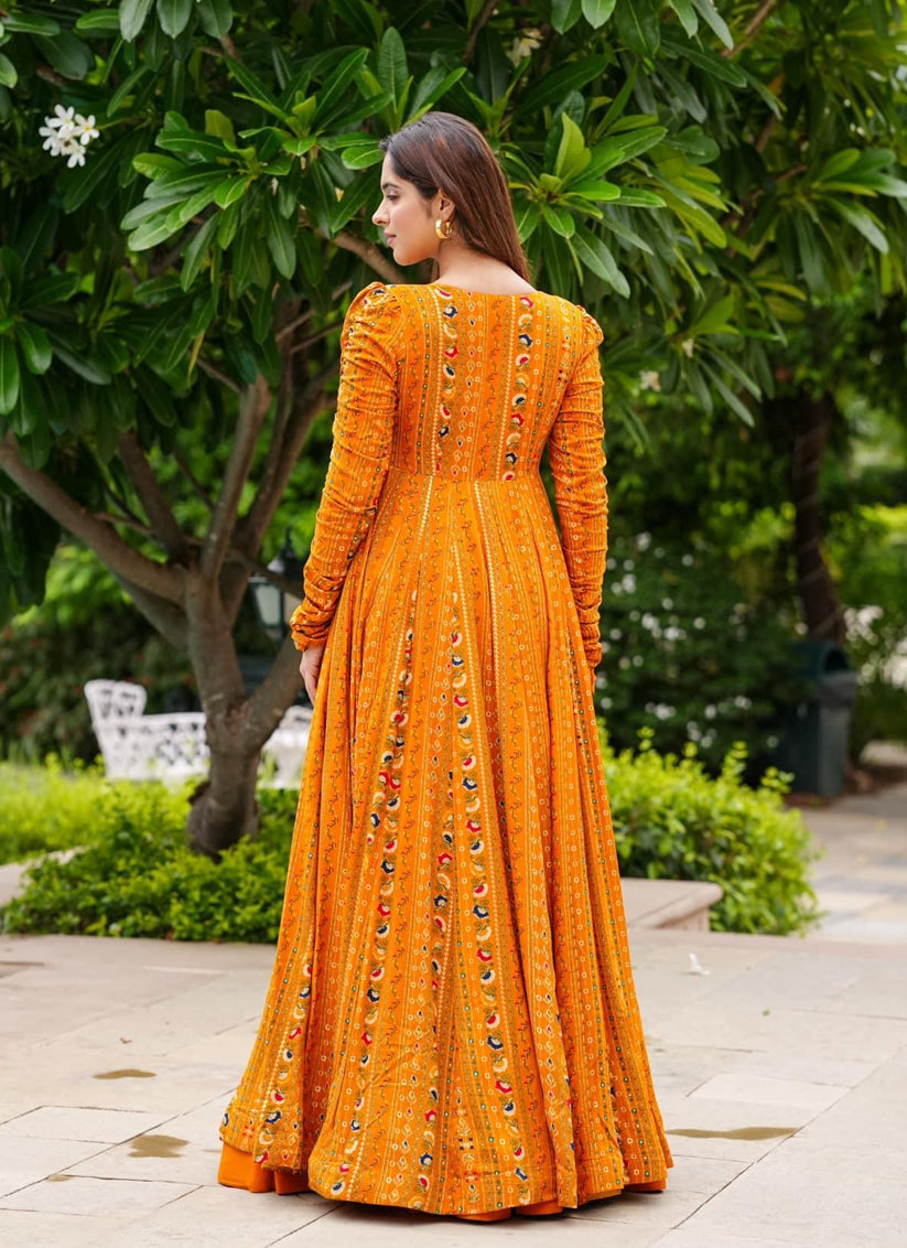 Mustard Yellow Faux Georgette Printed Indowestern