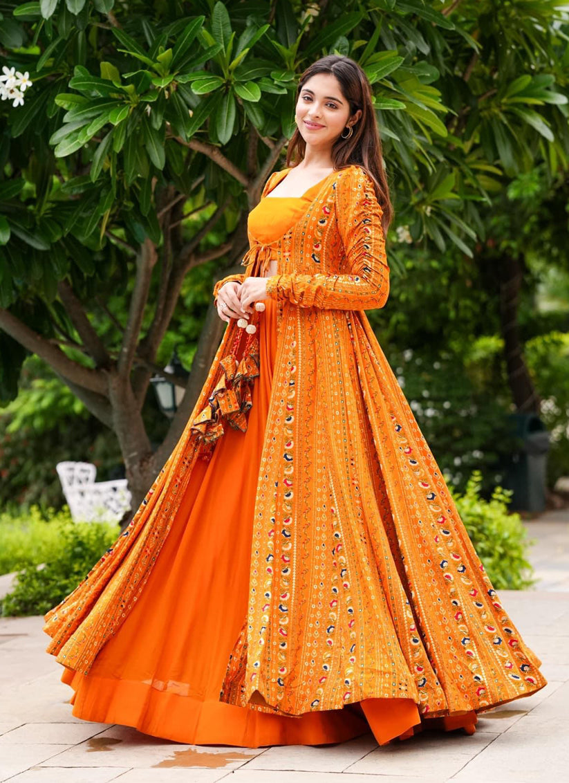 Mustard Yellow Faux Georgette Printed Indowestern