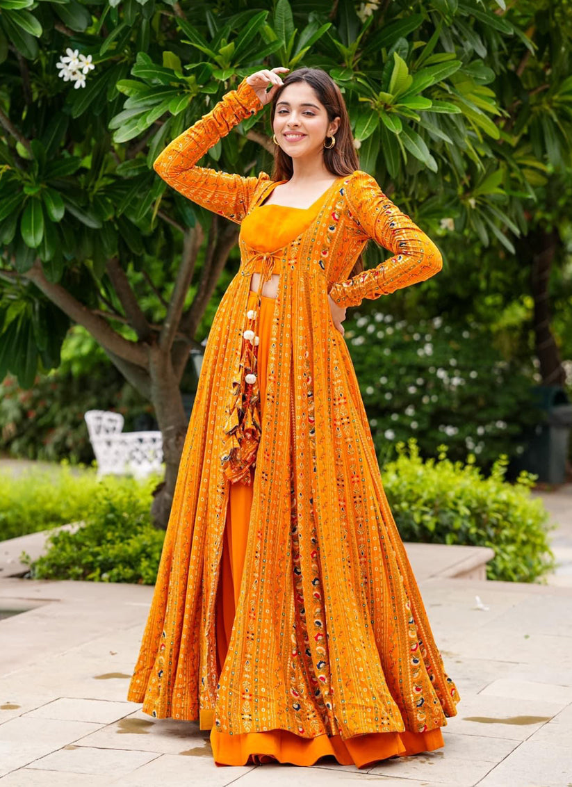 Mustard Yellow Faux Georgette Printed Indowestern