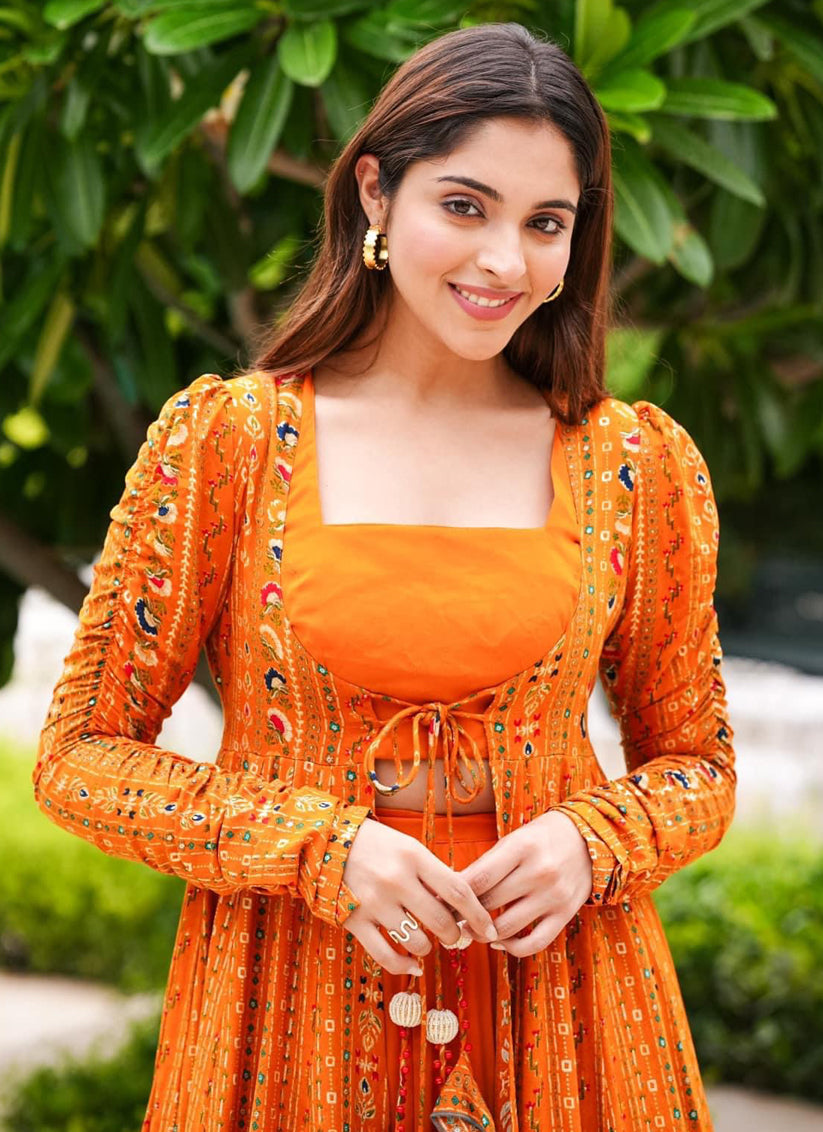 Mustard Yellow Faux Georgette Printed Indowestern