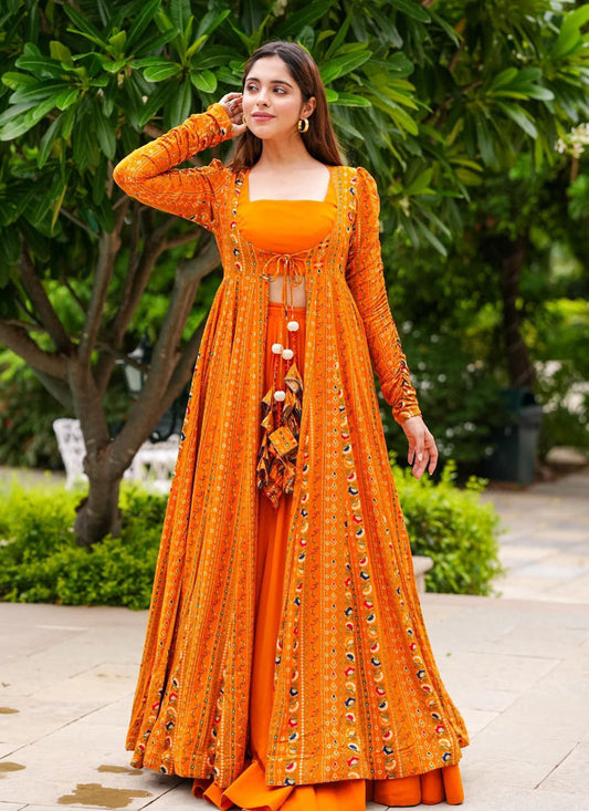 Mustard Yellow Faux Georgette Printed Indowestern