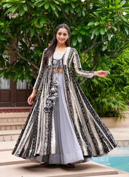 Grey Faux Georgette Printed Indowestern