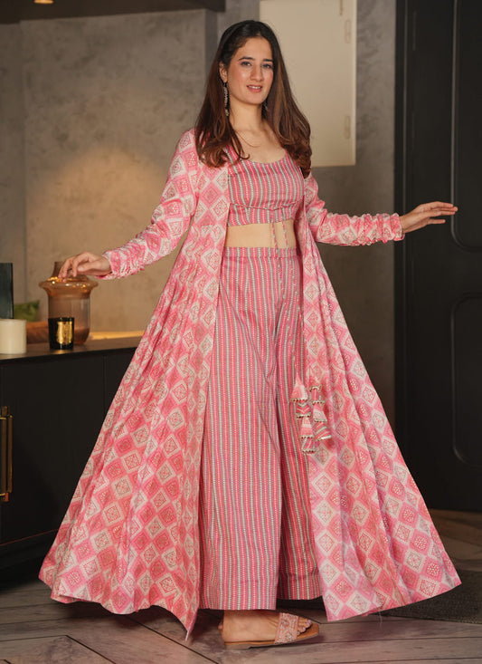 Light Pink Faux Georgette Printed Indowestern