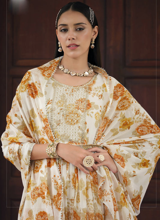 Cream Real Georgette Churidar Kameez Suit