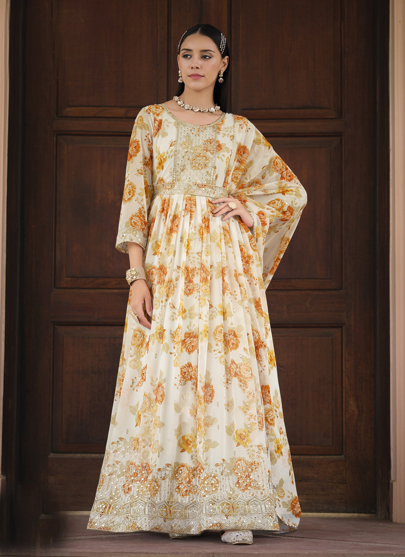 Cream Real Georgette Churidar Kameez Suit