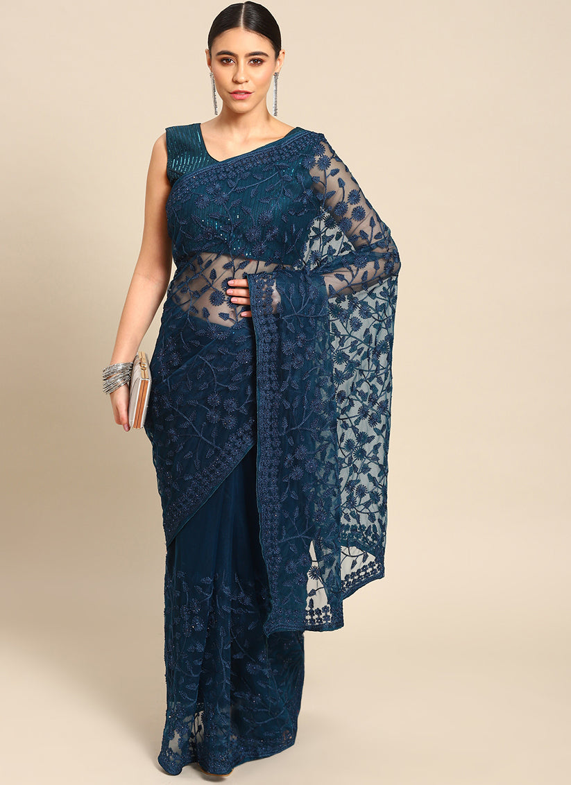 Peacock Blue Net Embroidered Saree