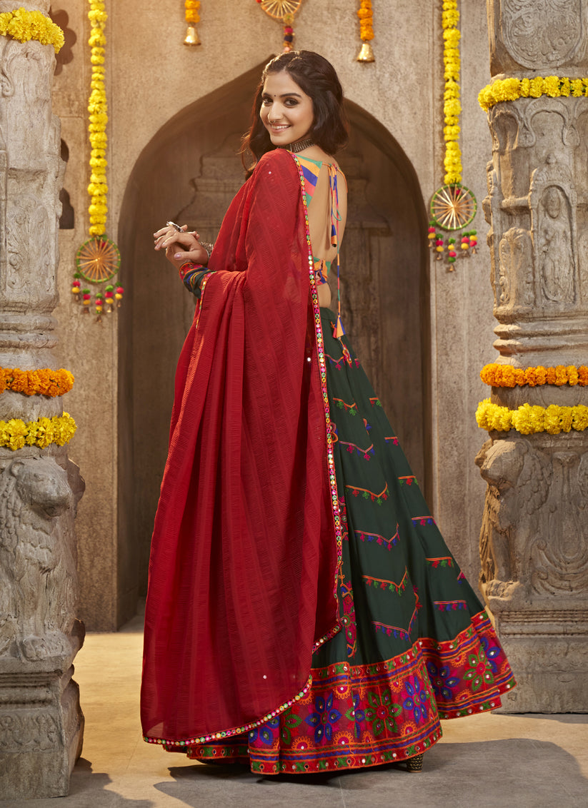 Navratri Special Bottle Green Rayon Embroidered Chaniya Choli