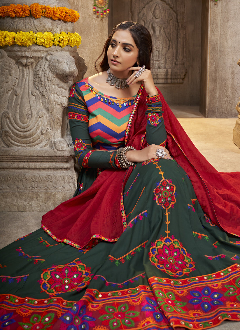 Navratri Special Bottle Green Rayon Embroidered Chaniya Choli