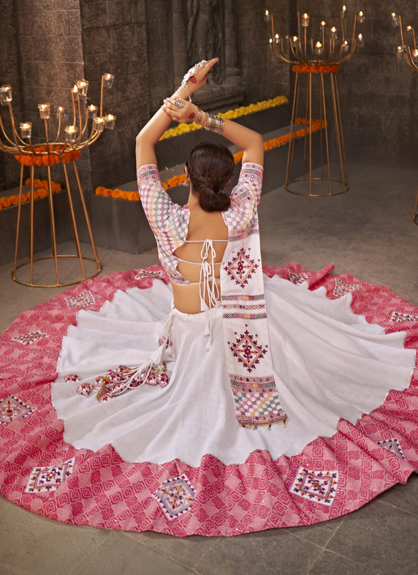 White Jacquard Cotton Embellished Flared Chaniya Choli