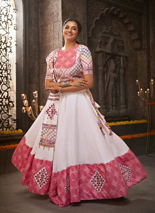 White Jacquard Cotton Embellished Flared Chaniya Choli