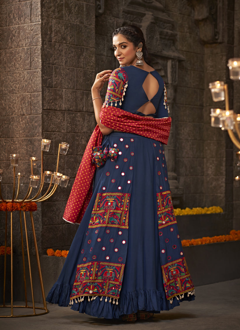Navy Blue Embellished Flared Viscose Rayon Chaniya Choli
