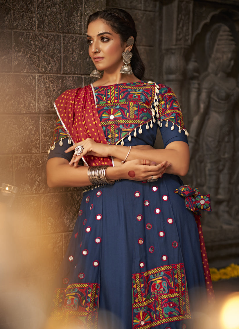 Navy Blue Embellished Flared Viscose Rayon Chaniya Choli