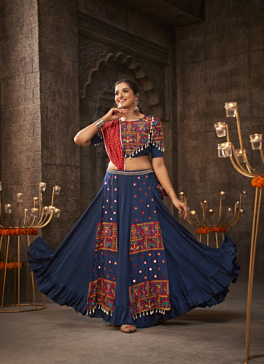 Navy Blue Embellished Flared Viscose Rayon Chaniya Choli