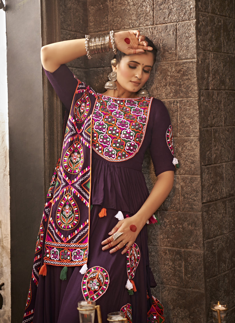 Burgundy Embellished Flared Viscose Rayon Chaniya Choli