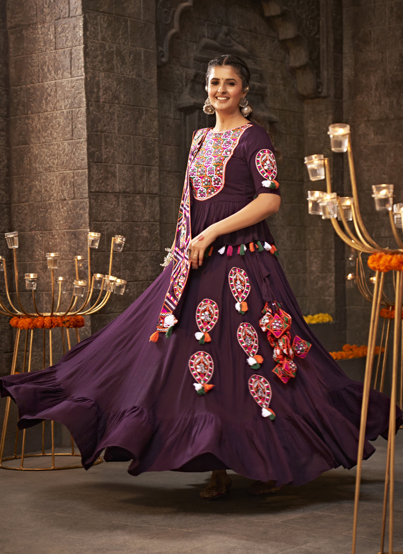 Burgundy Embellished Flared Viscose Rayon Chaniya Choli