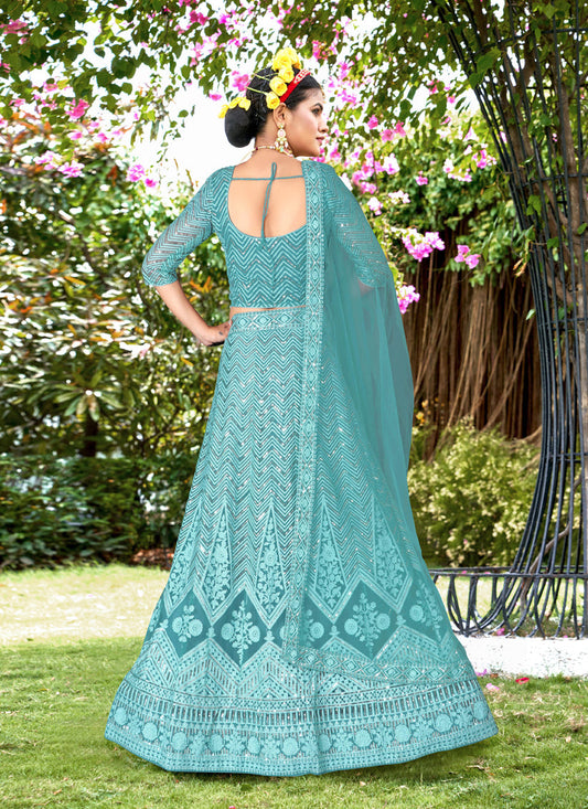 Sky Blue Net Designer Lehenga Choli Set