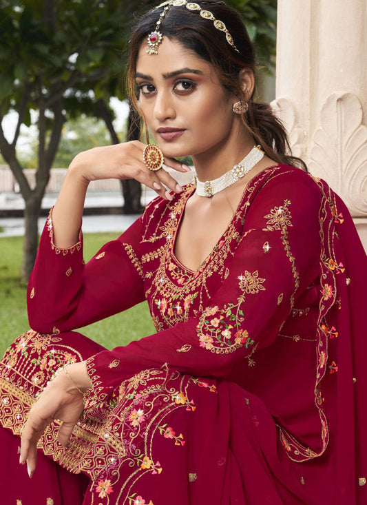 Raspberry Georgette Embroidered Sharara Kameez