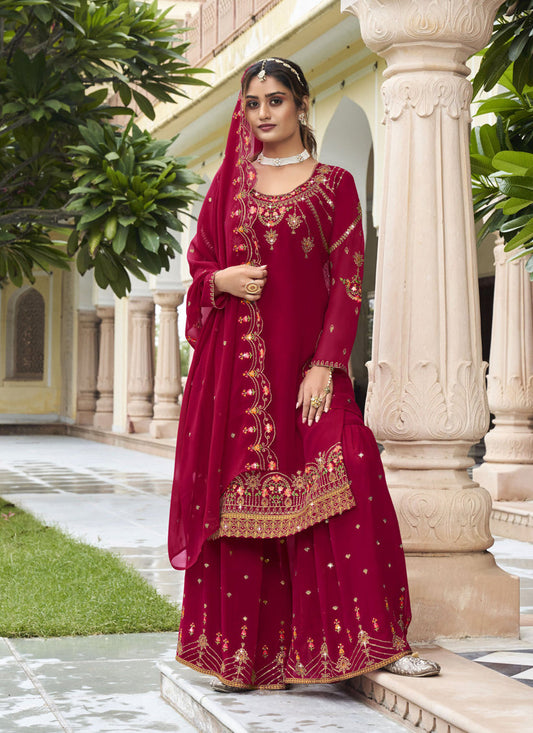 Raspberry Georgette Embroidered Sharara Kameez