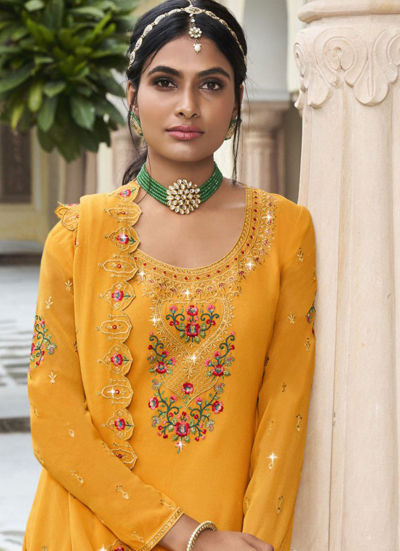 Mustard Georgette Embroidered Palazzo Kameez