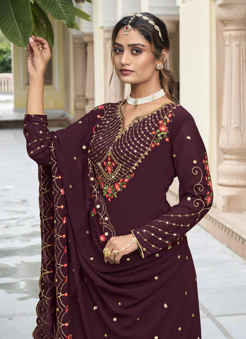 Burgundy Georgette Embroidered Palazzo Kameez