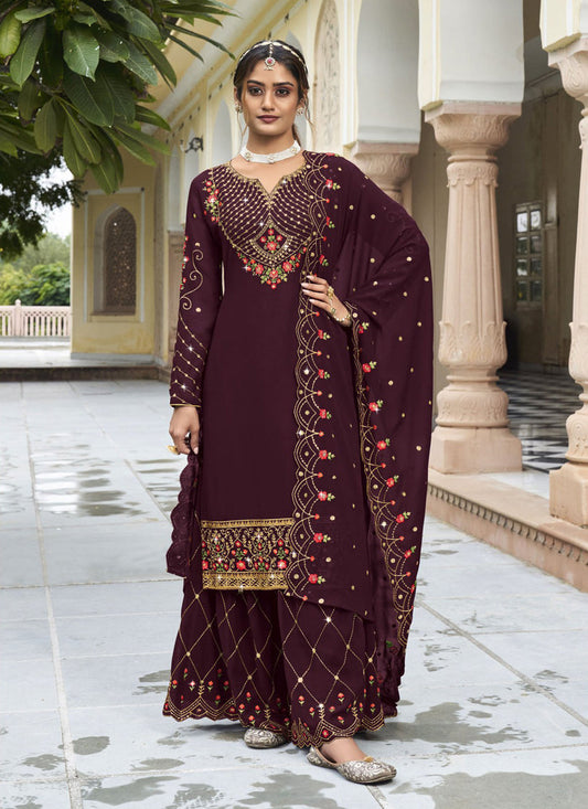 Burgundy Georgette Embroidered Palazzo Kameez