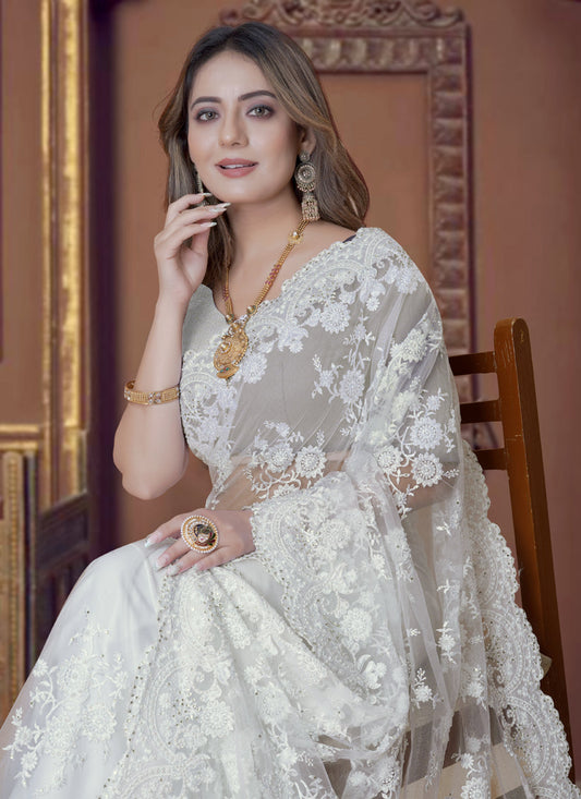 White Net Party Wear Saree