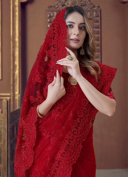 Red Net Party Wear Saree