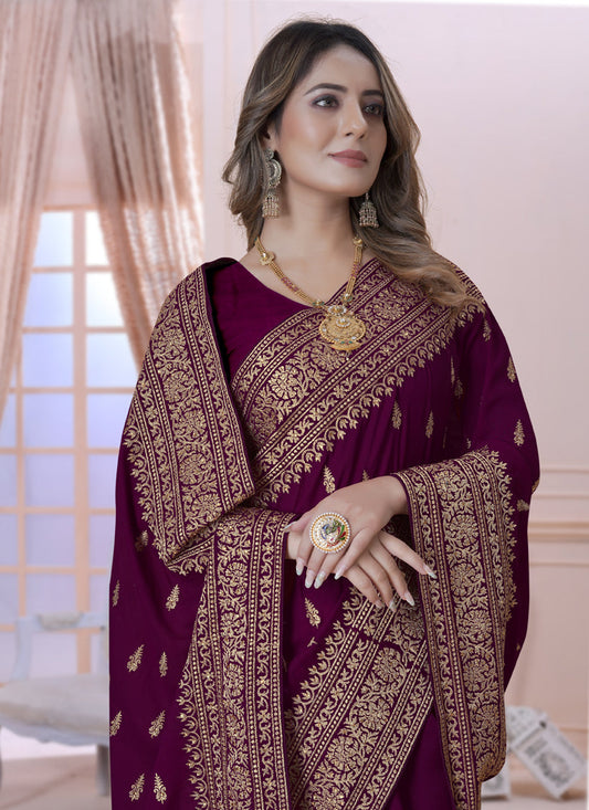 Wine Silk Embroidered Saree