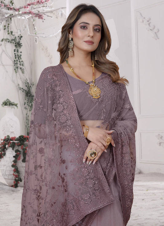 Mauve Net Heavy Embroidred Saree