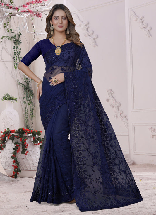 Navy Blue Net Heavy Embroidred Saree