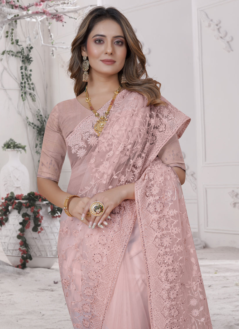 Dusty Peach Net Heavy Embroidred Saree