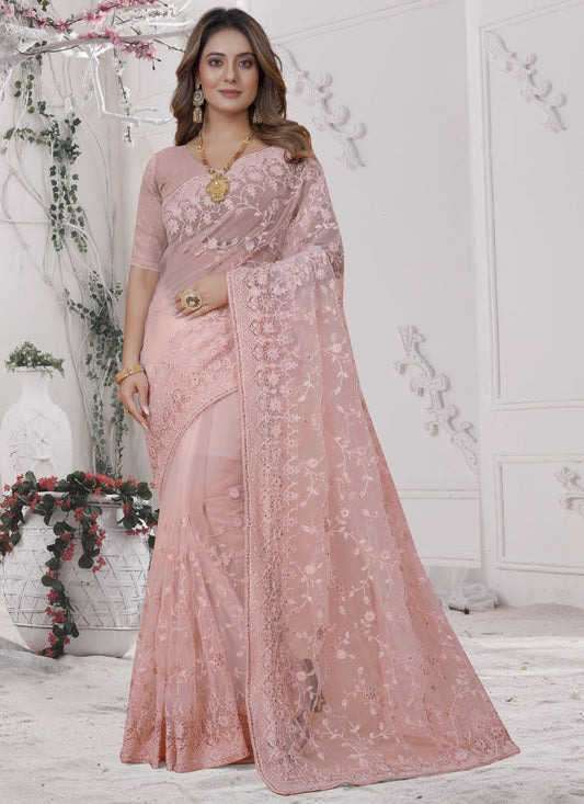 Dusty Peach Net Heavy Embroidred Saree